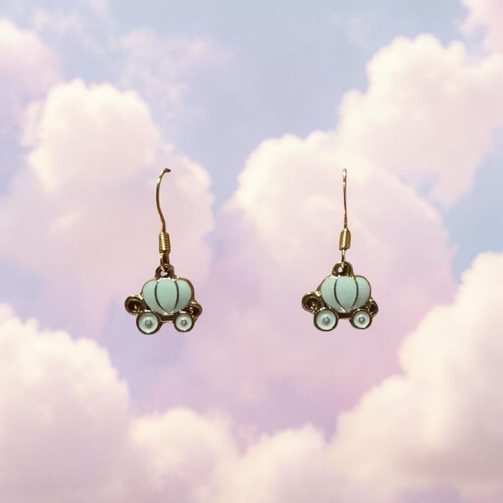 Enamel Pale Blue Carriage Gold Earrings #2258
